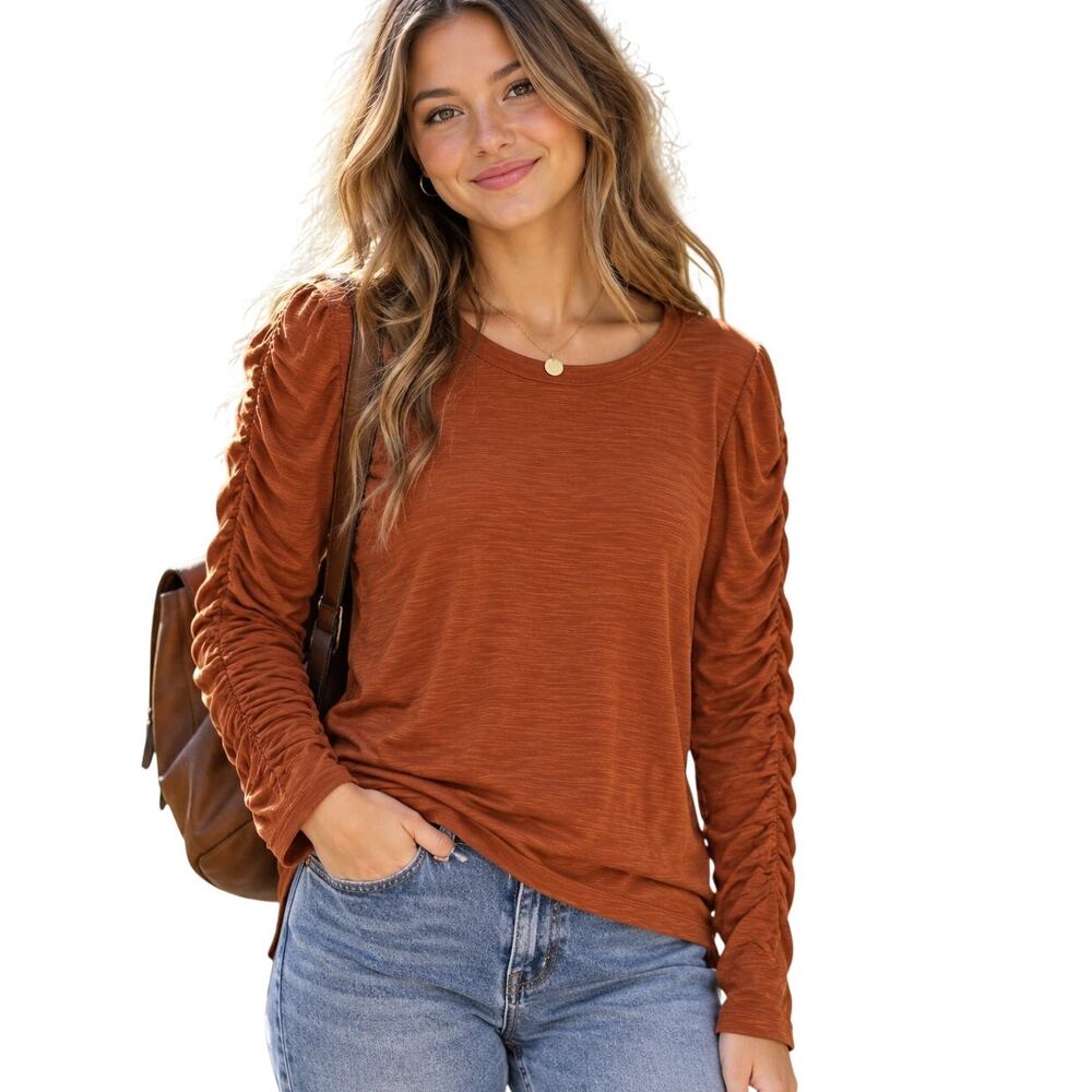 We the Free People Natasha Top Womens XL Copper Ruched Sleeves Stretch Knit Tee